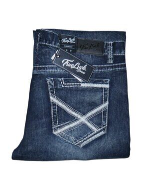 NEW True Luck Men's Relaxed Bootcut Jeans Size 36x32 Dark Wash Thick Stitch BKE